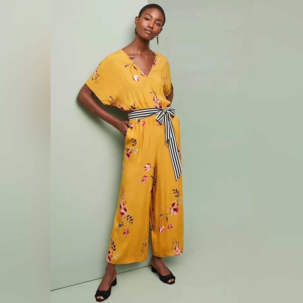 Anthropologie Mustard Yellow Floral Jumpsuit with Striped Waist Tie